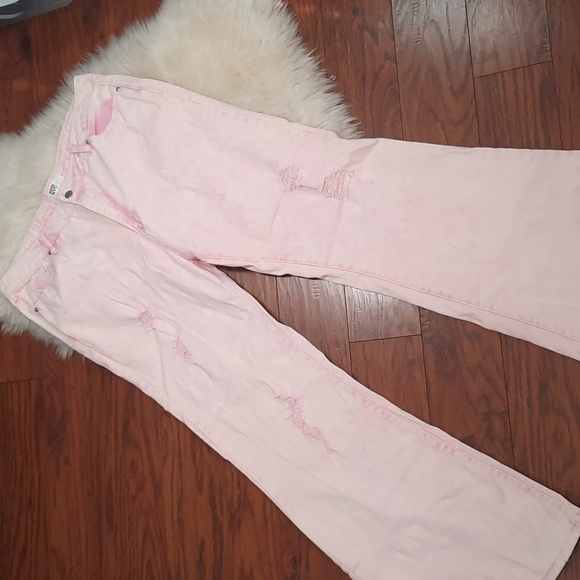Madden NYC Pink Distressed Bellbottom Jeans - Picture 3 of 4